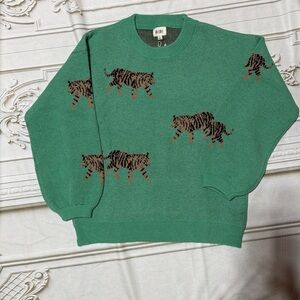 BiBi Green Crewneck Sweater with Tiger Pattern
